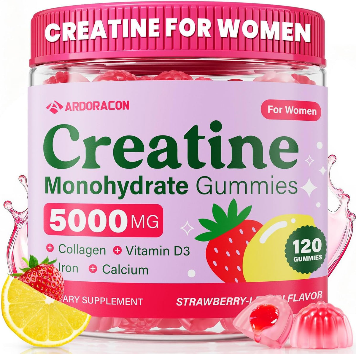 Creatine for Women, Creatine Monohydrate Gummies with Collagen, Vitamin D3 & Calcium for Muscles, Booty & Energy, Flavored Sugar Free