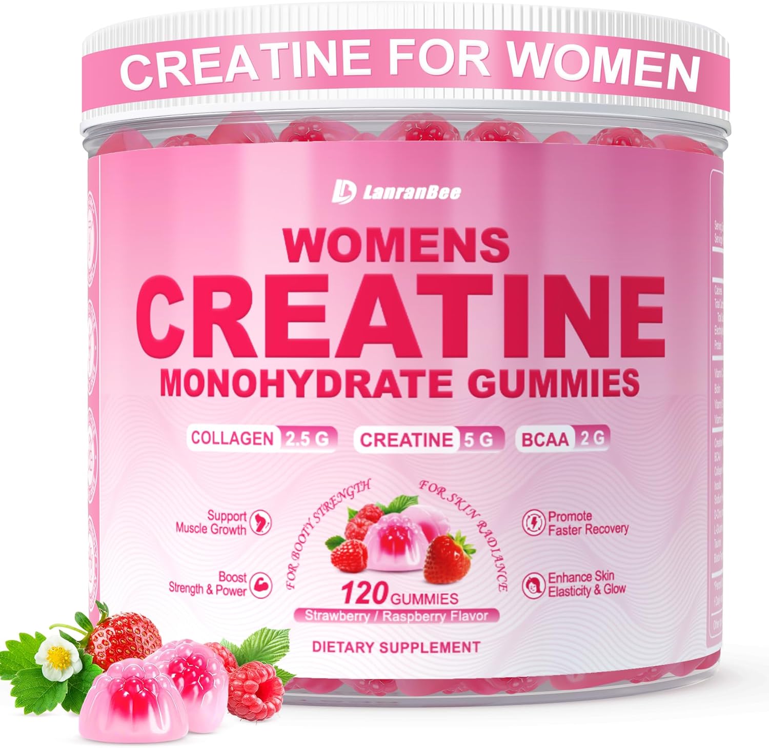 Creatine for Women, Creatine Monohydrate Gummies with Collagen, BCAA, L-Carnitine & Taurine, Strawberry Flavor, Energy Creatine Supplement for Muscle Strength, Energy Boost, Sugar Free, 120 Count